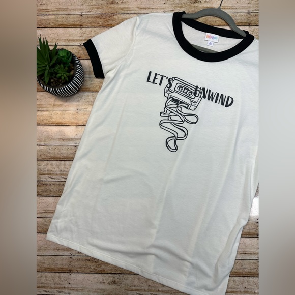 Let’s Unwind Black & White Cassette Tape T-shirt (Large, L LuLaRoe Liv LLR) - Picture 1 of 4